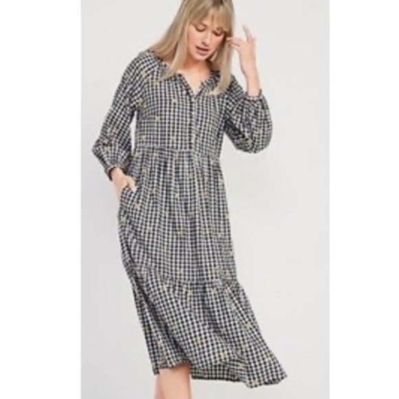 Old Navy Dresses & Skirts - Old Navy Dress Large Black White Gingham Daisy Midi Tiered Cottage Prairie